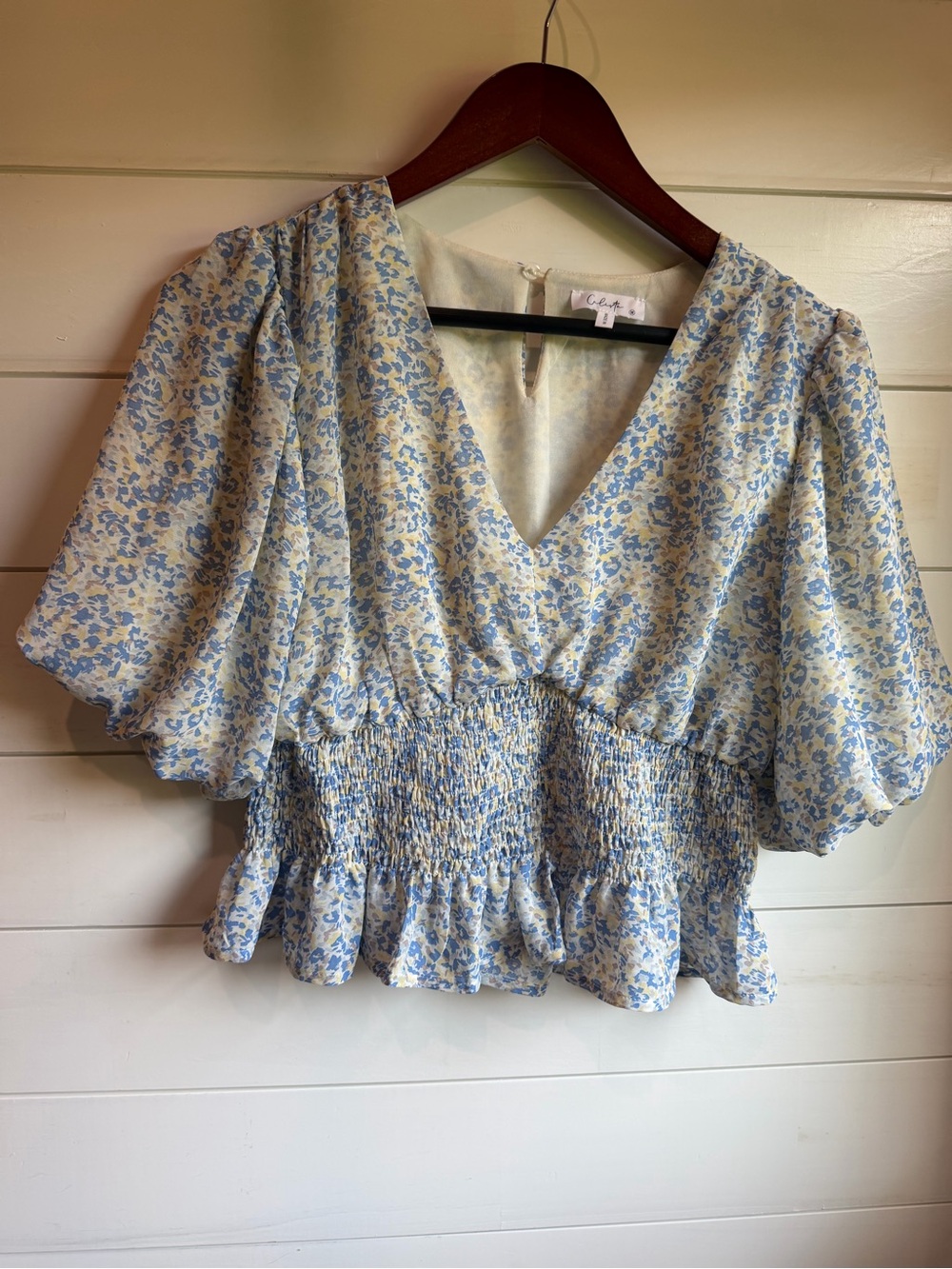 Smocked Waist Blue Floral V-Neck Crop Top